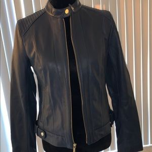 Cole Haan Seamed Leather Jacket navy blue